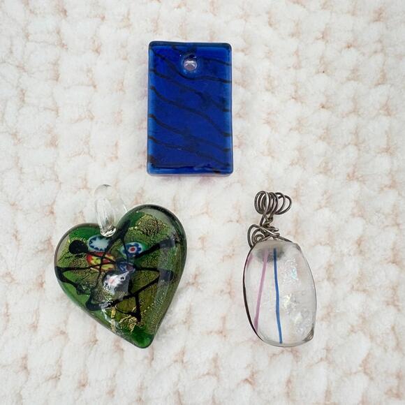 Three (3) Art Glass Pendants Green Heart, Blue, Clear Boho Unique Statement - Picture 2 of 3